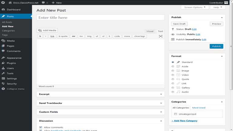 Writing Posts Top of Post Editor Screen