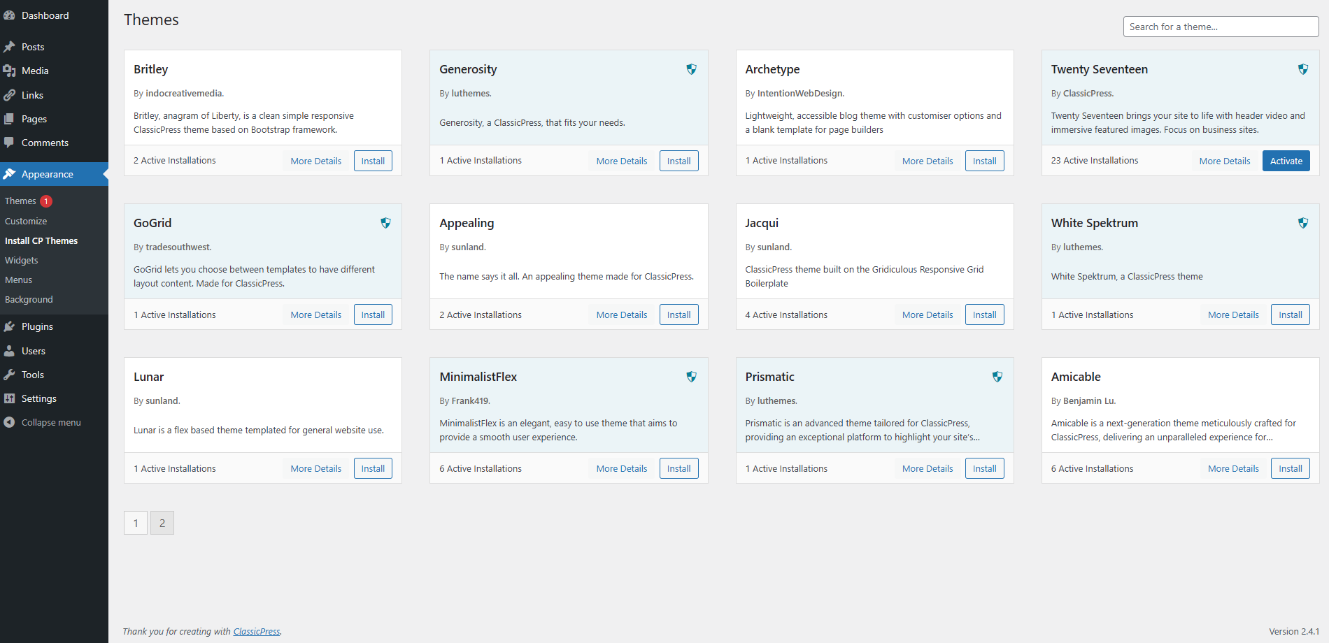 Appearance – Install CP Themes Screen