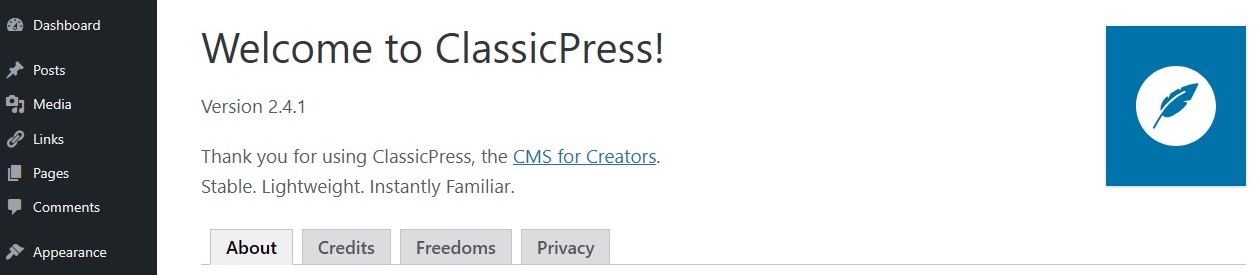 ClassicPress Dashboard About page