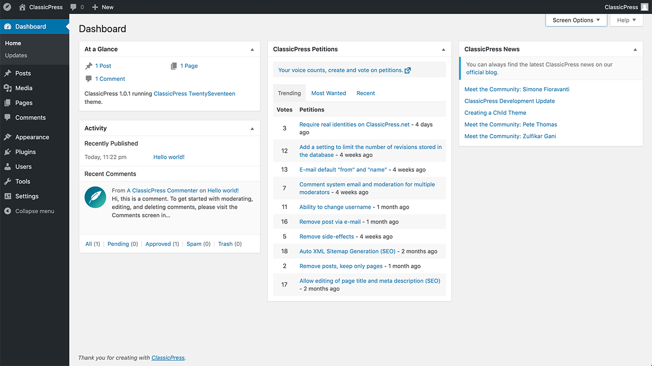 ClassicPress Dashboard