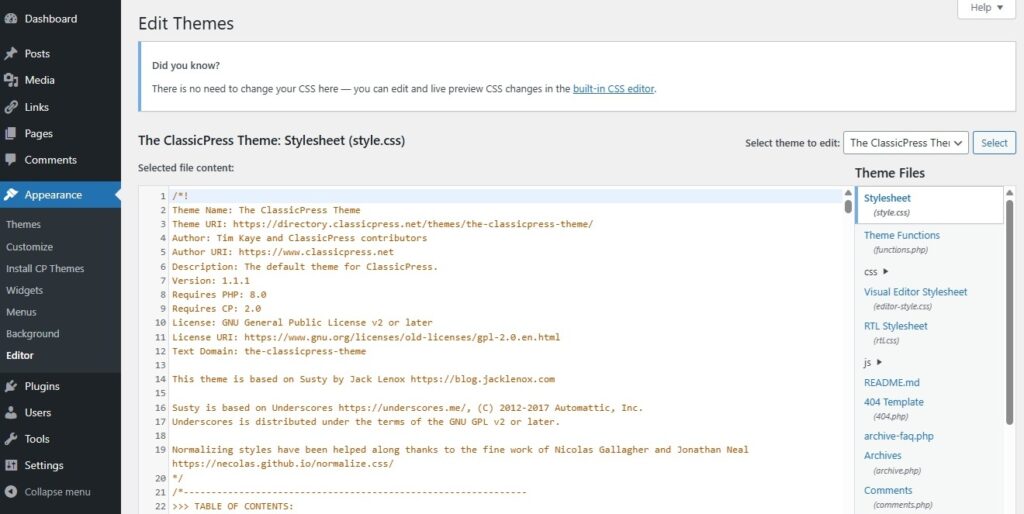 Editing Files | ClassicPress Documentation