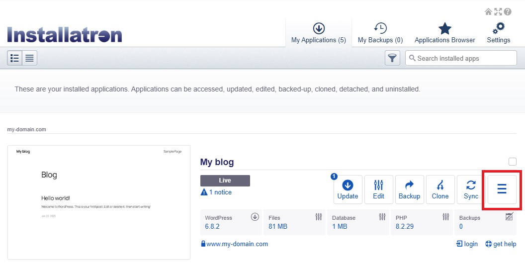 Installatron - Disconnect WP site - select detach from dropdown