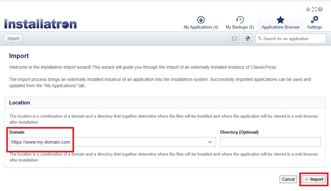 Installatron - Import - select domain and run import