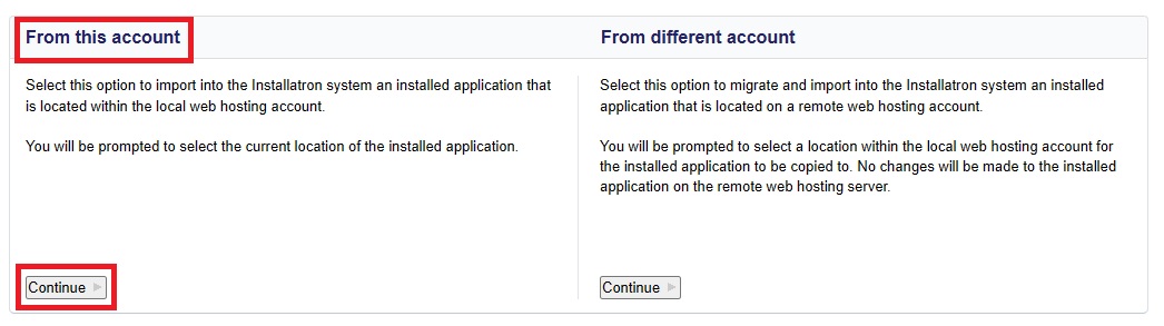 Installatron - Import - select from this account