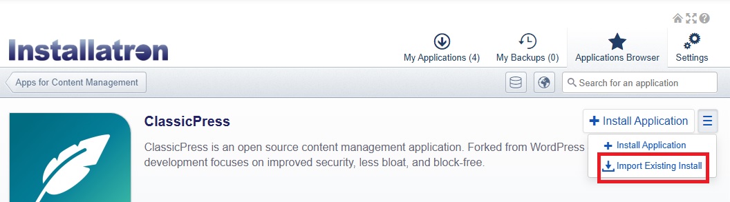 Installatron - Import - select import existing install