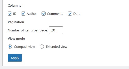 Pages Screen - Screen Options