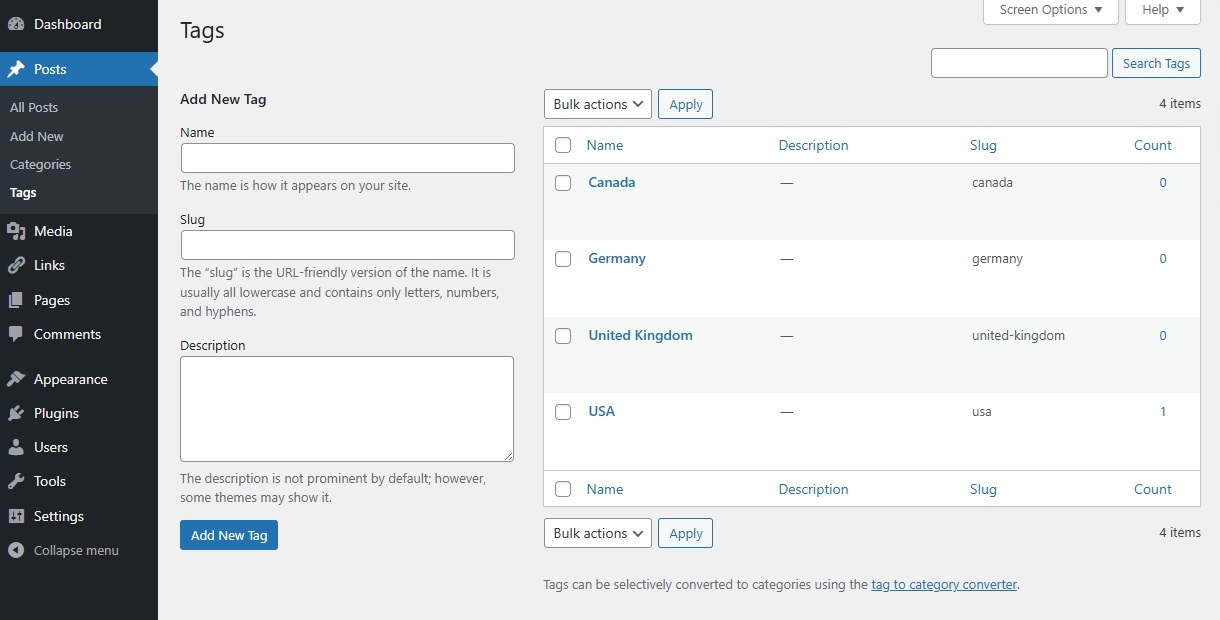 Posts Tags - Add New Tag