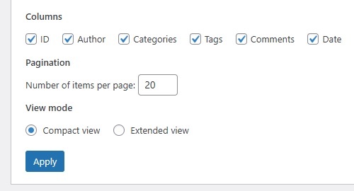 Posts Screen - Screen Options