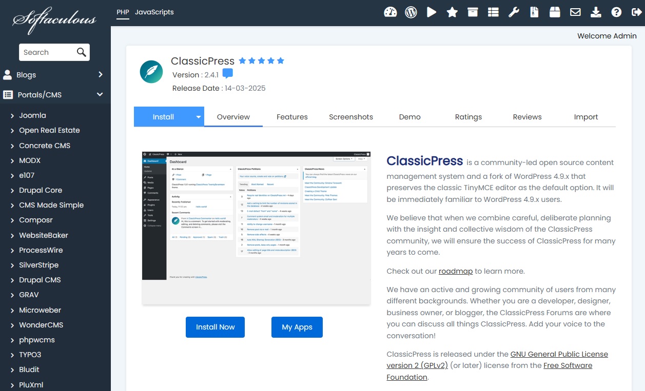Installing ClassicPress using Softaculous