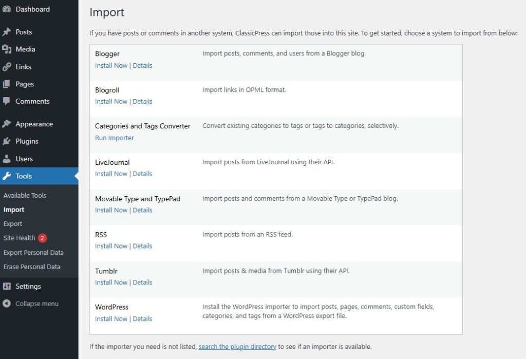 Tools Screen | ClassicPress Documentation