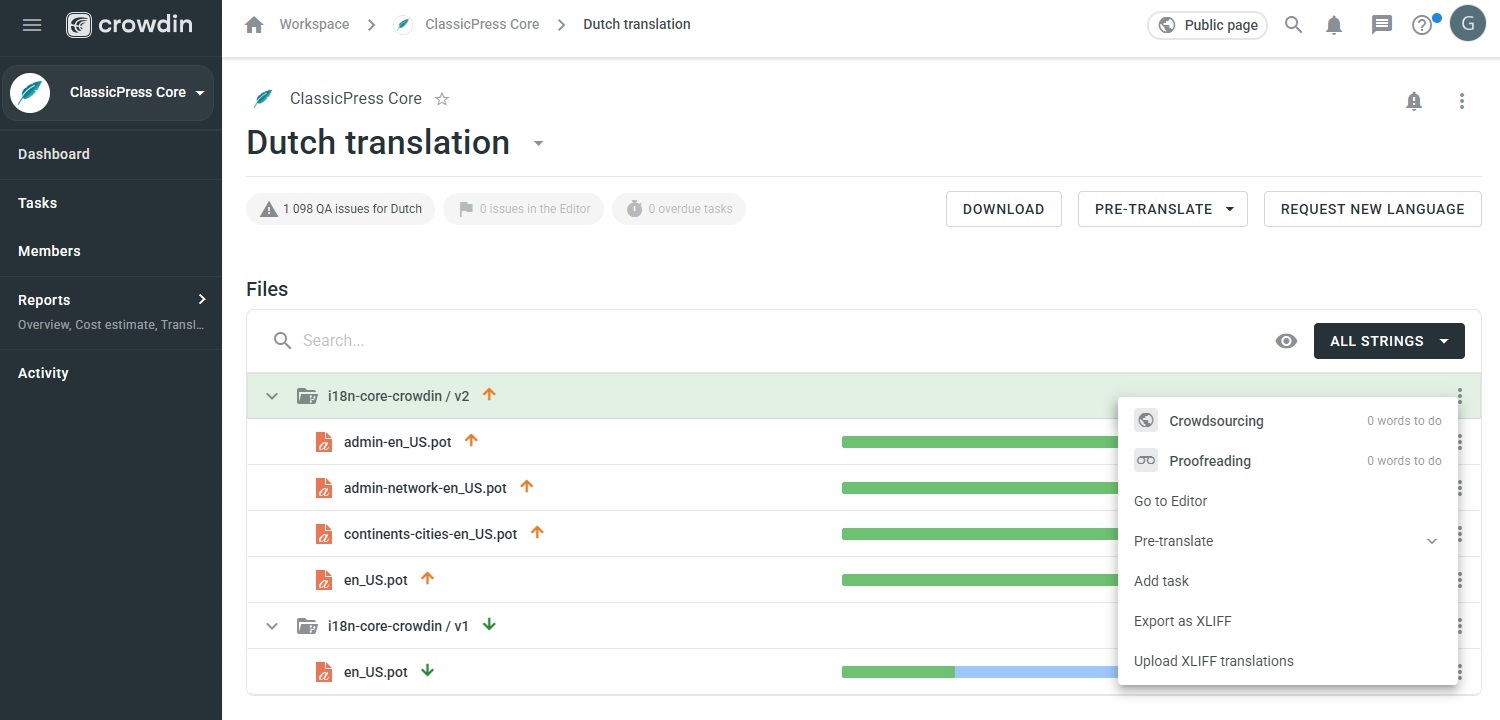 Crowdin - Language screen