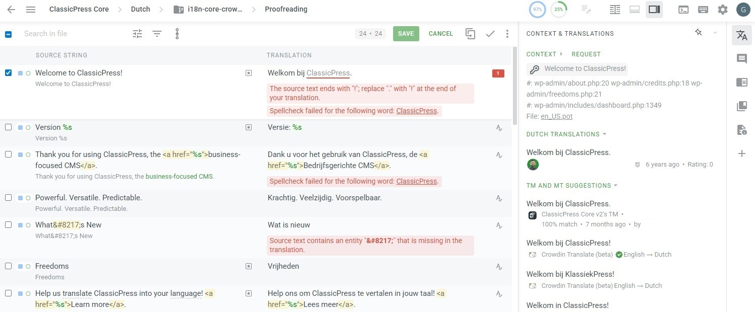 Crowdin Proofreading Screen