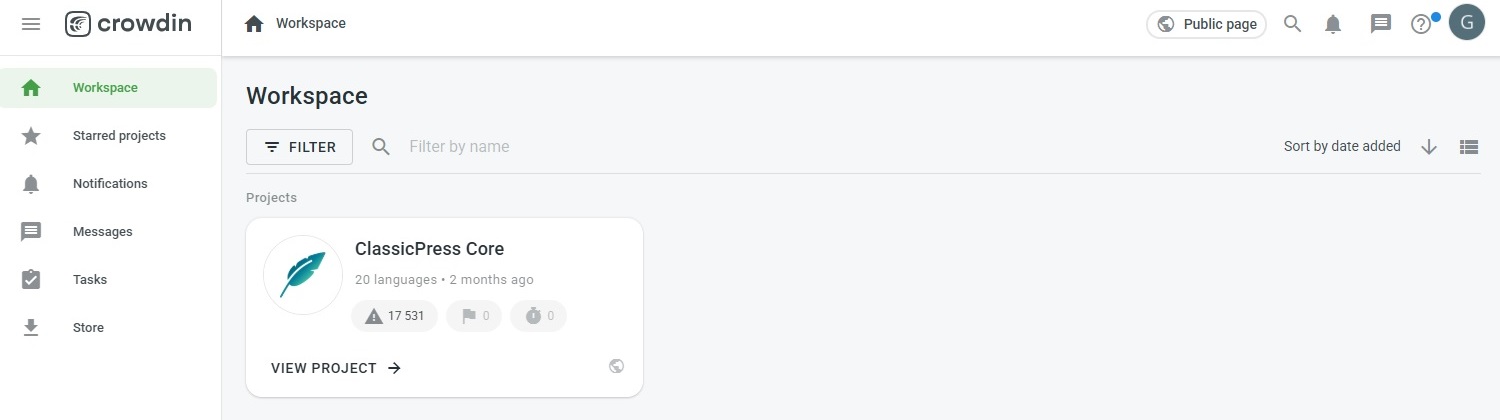 Crowdin - Workspace screen