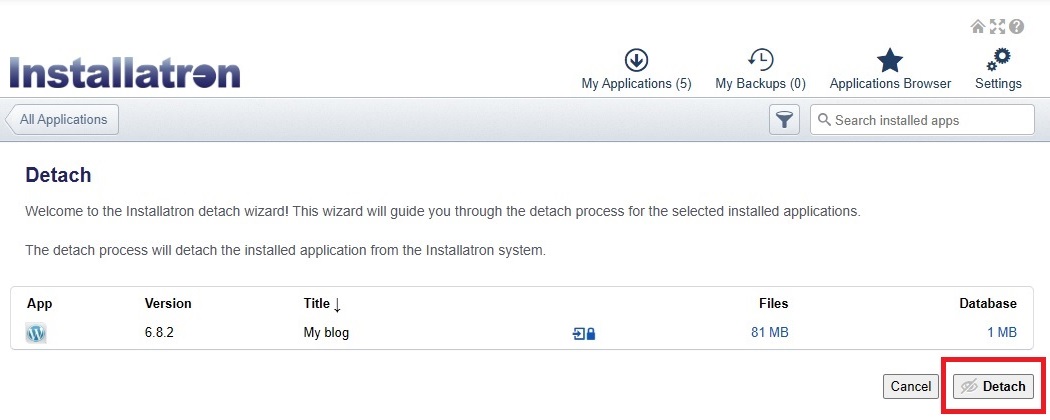 Installatron Disconnect WP site click detach