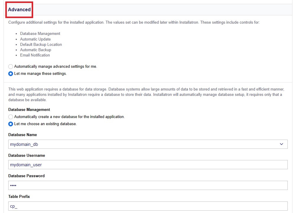 Installatron Settings Advanced Database