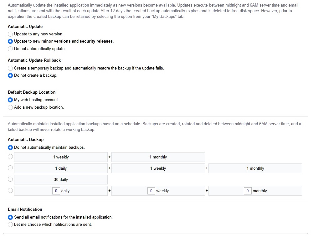 Installatron Settings Advanced Update and Backup