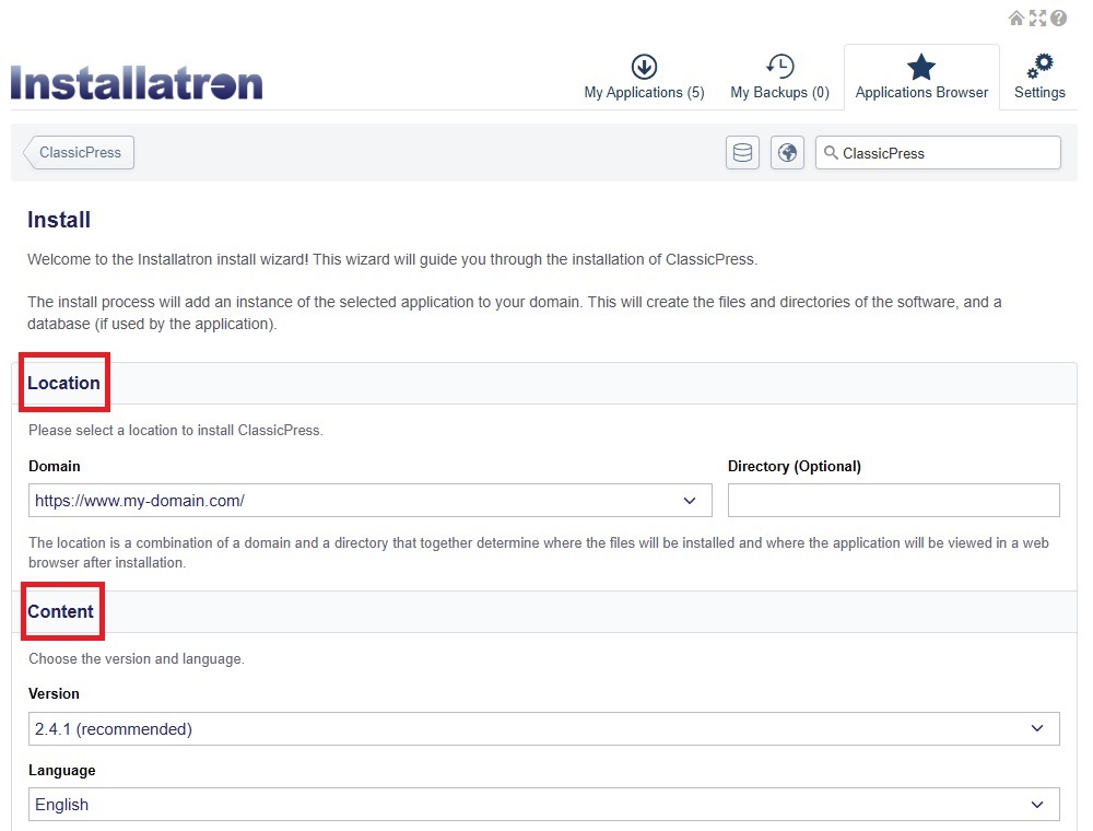 Installatron Settings Location and Content