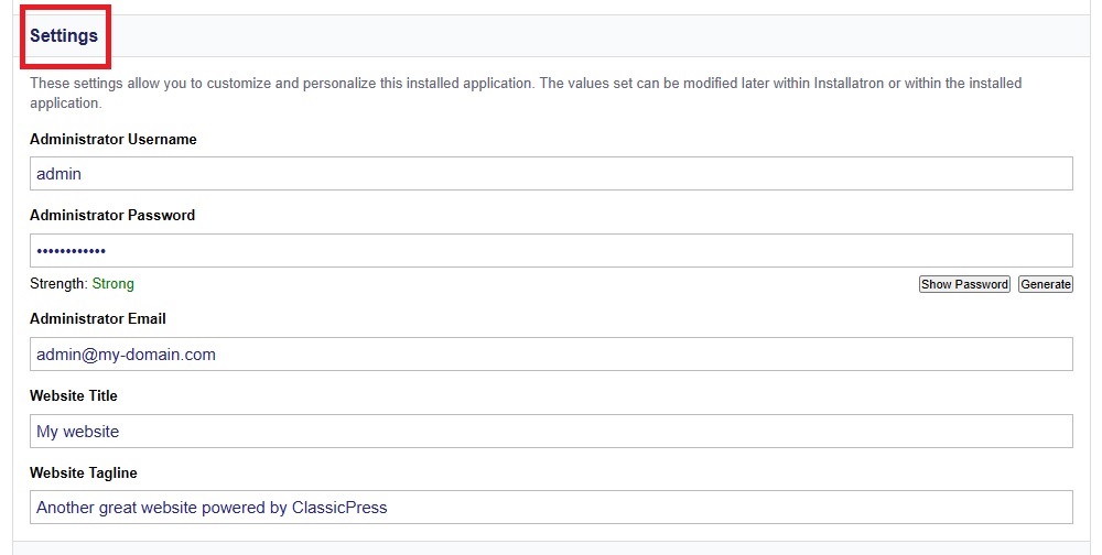 Installatron Settings Site