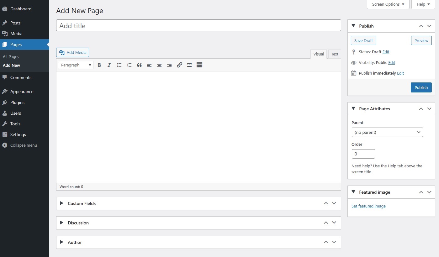 Pages Add New Screen