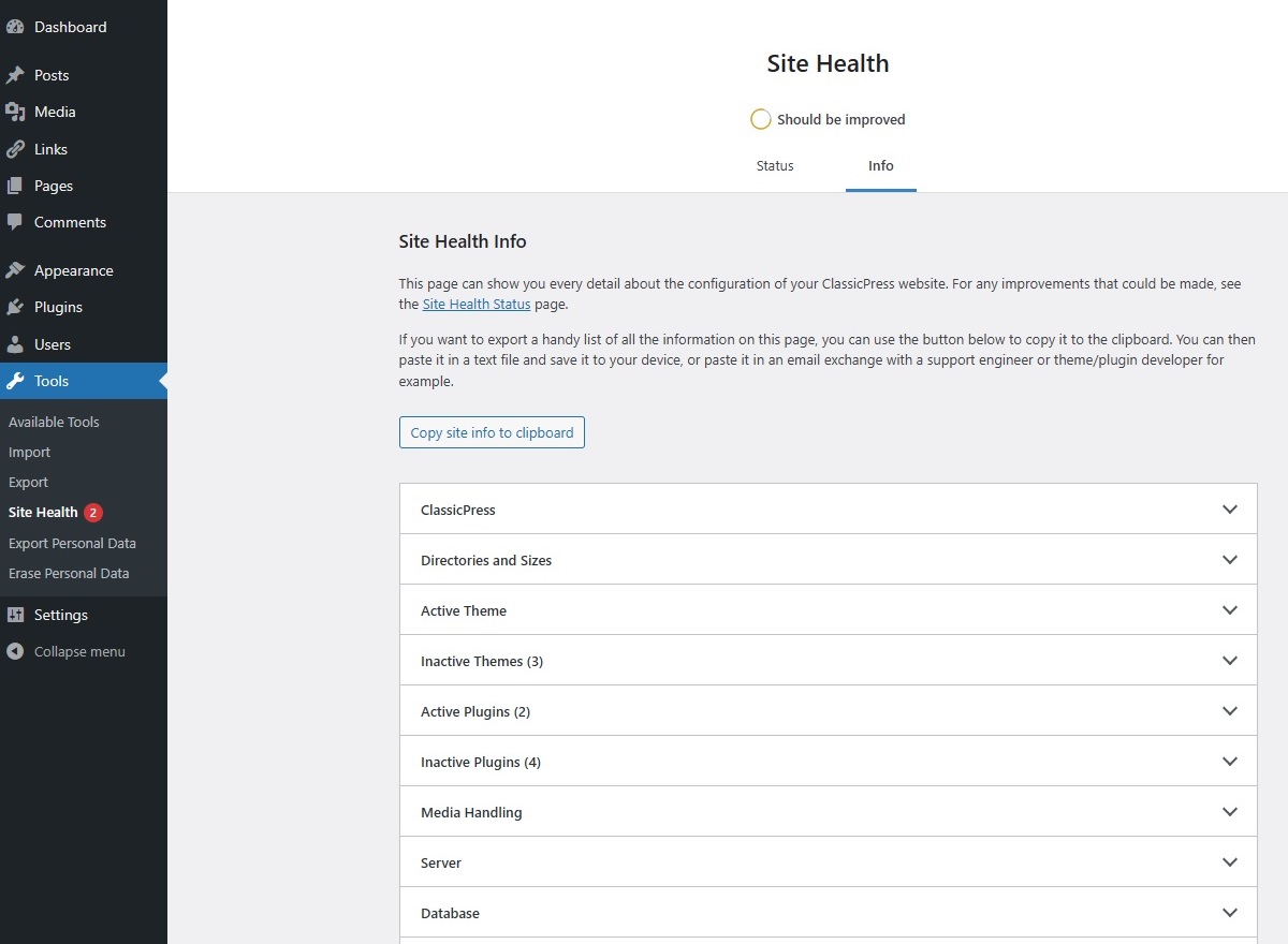 Site Health - Info Screen