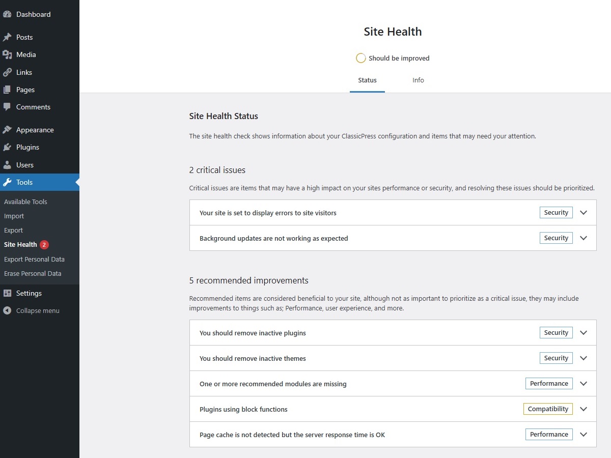 Site Health - Status Screen