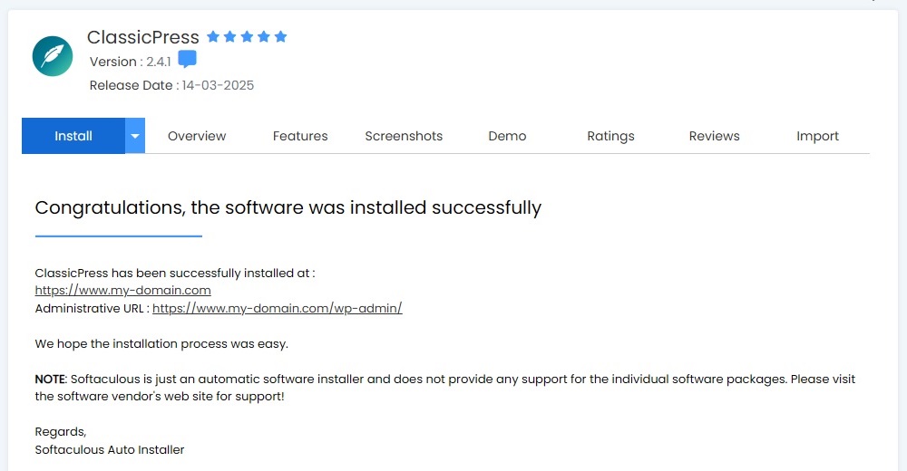 Softaculous ClassicPress has been installed