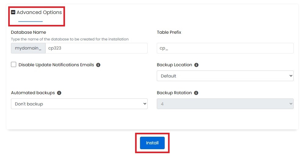 Softaculous - Custom Install Advanced Options