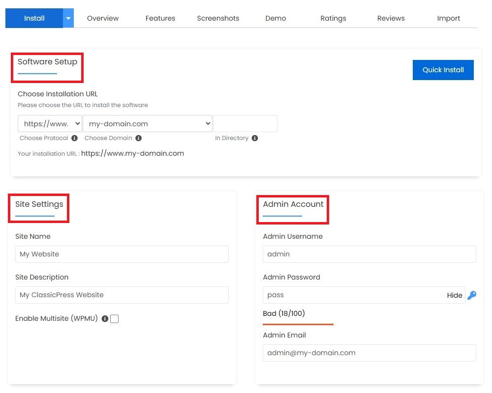Softaculous - Custom Install