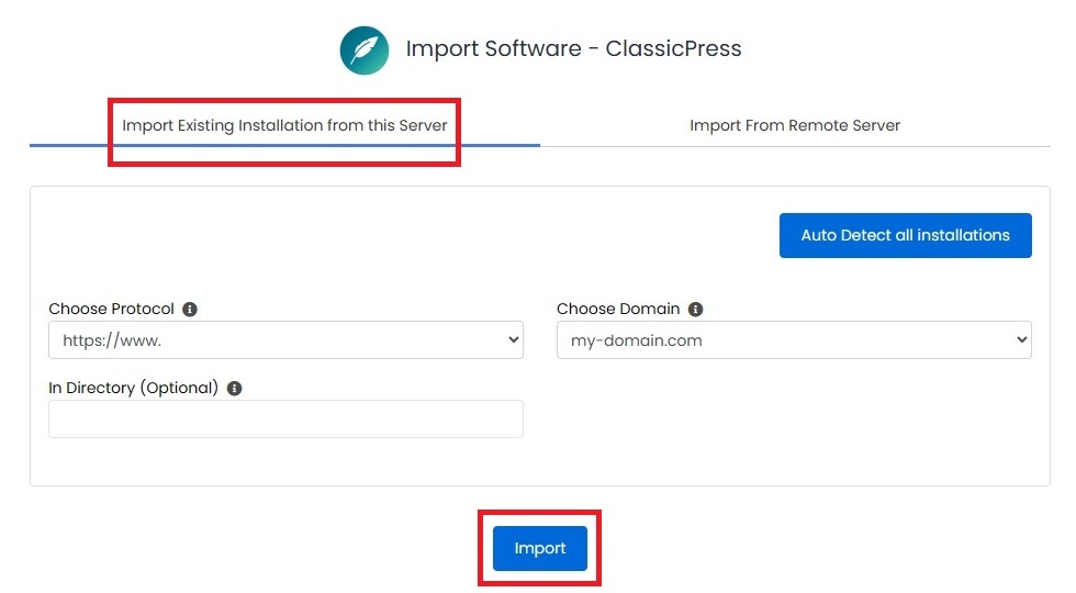 Softaculous Fill in import information