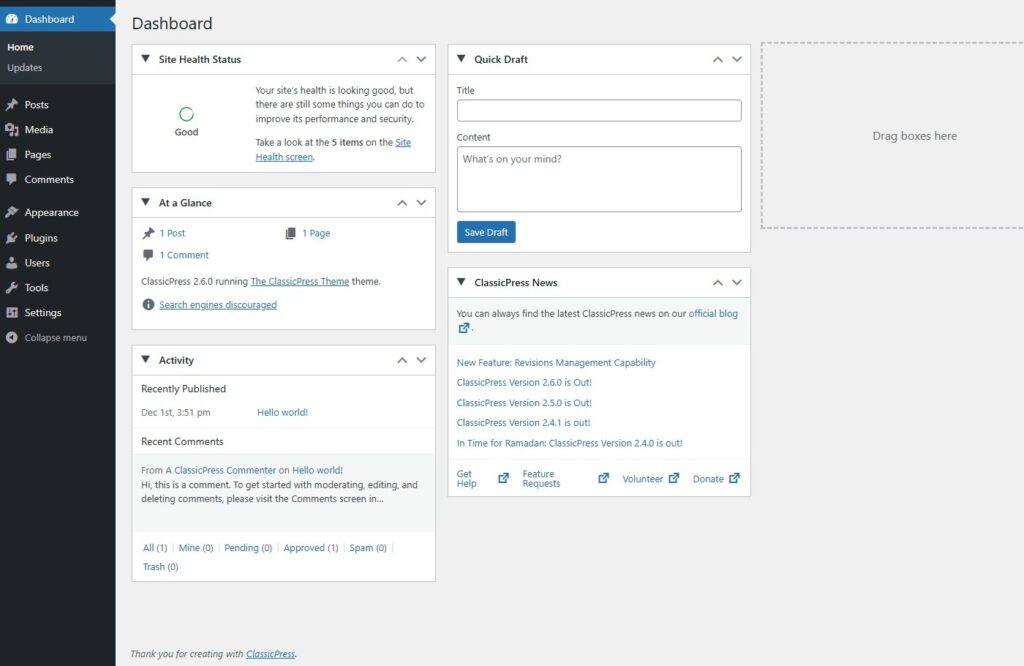 Dashboard Screen | ClassicPress Documentation