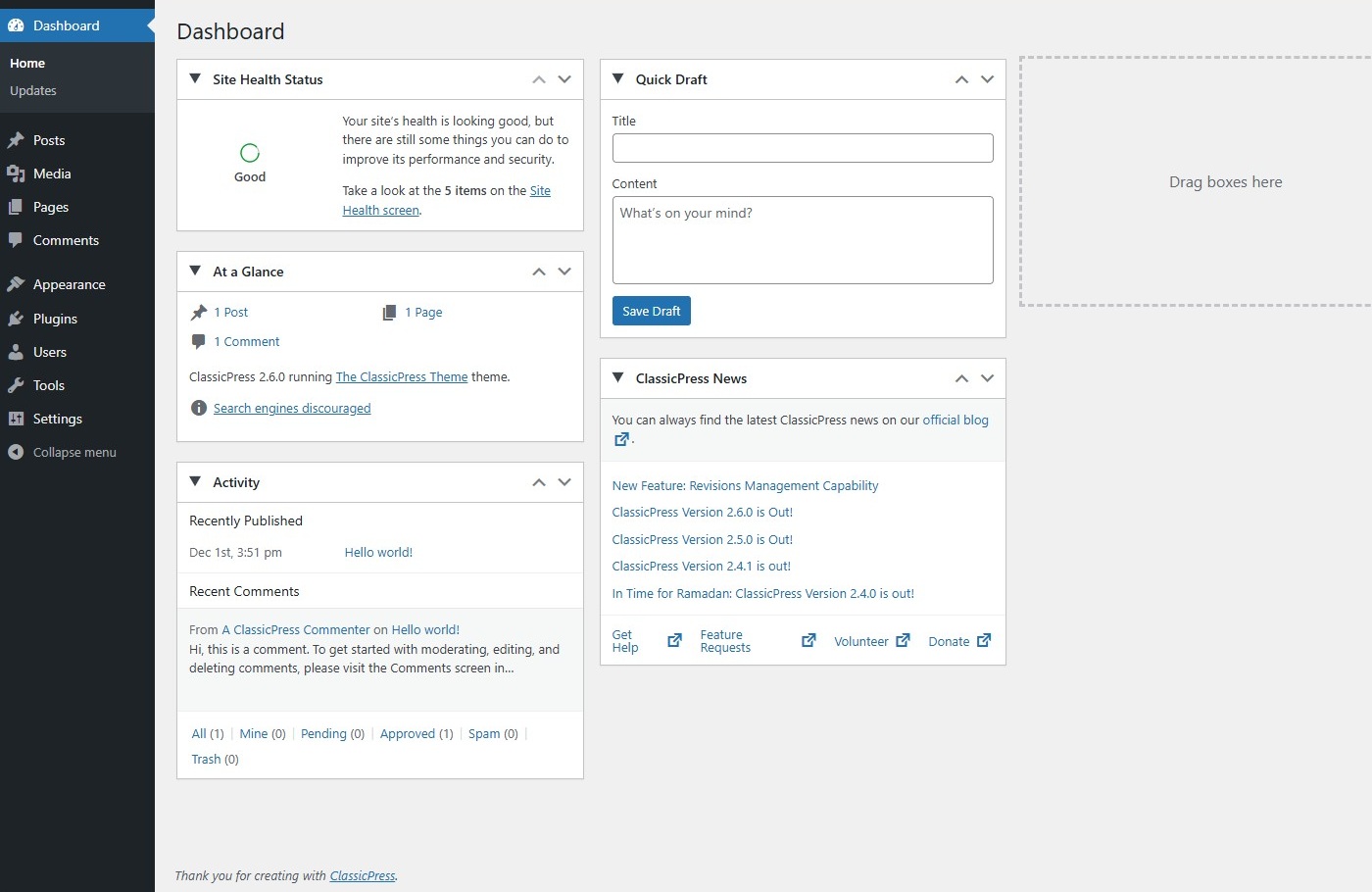 ClassicPress Dashboard Screen