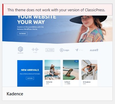 Incompatible WordPress Theme in dashboard