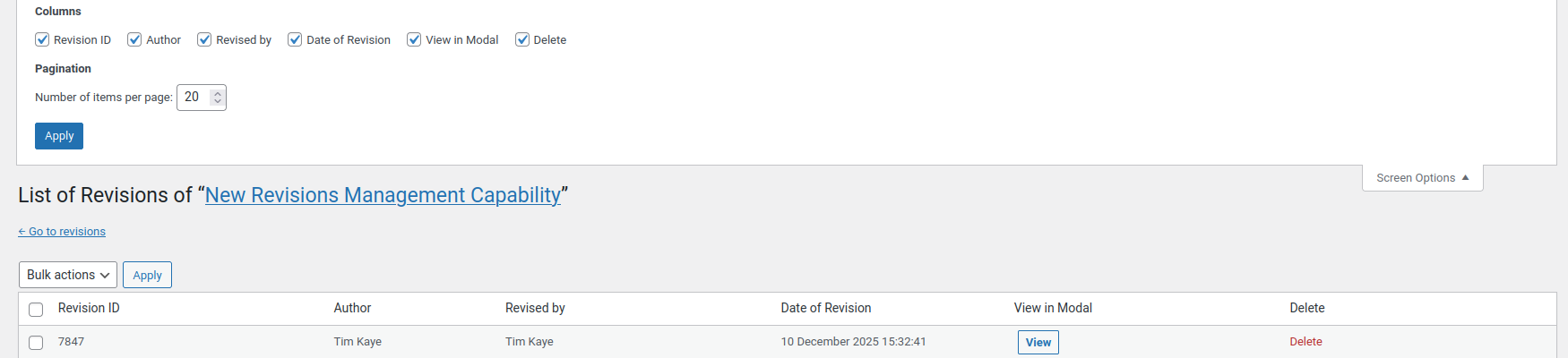 Revisions Screen Options