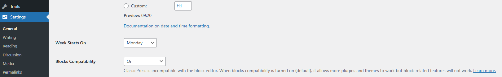 Settings - Blocks compatibility mode