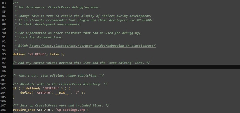 WP-config file debugging section