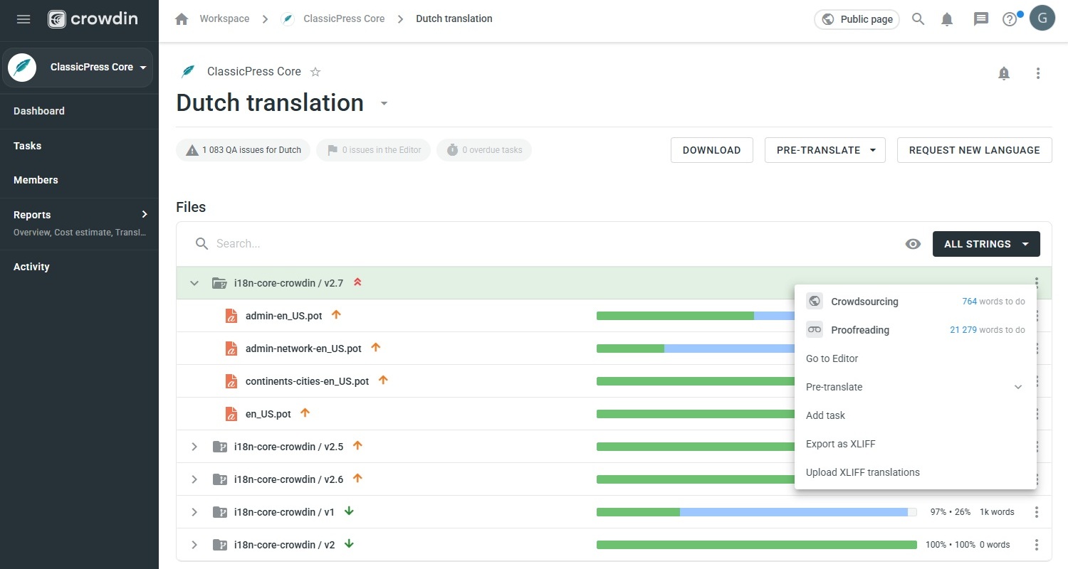 Crowdin Languages Overview Screen