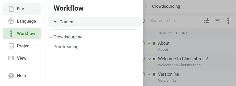 Crowdin switch between screens