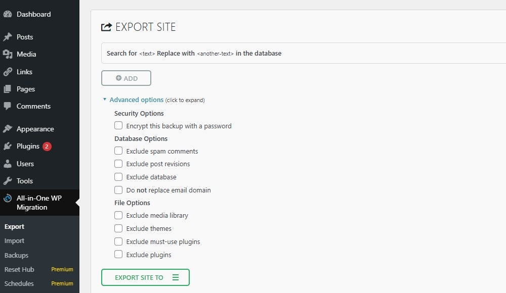 Backup - All in One Migration and Backup screen