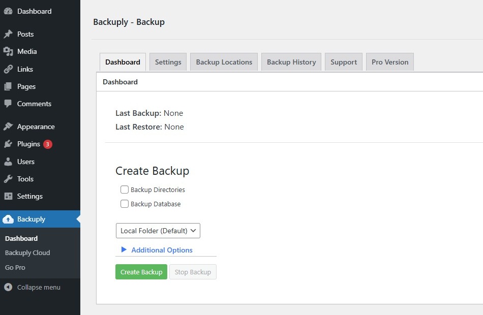 Backup - Backuply screen