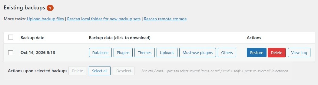 Backup - Updraft backups