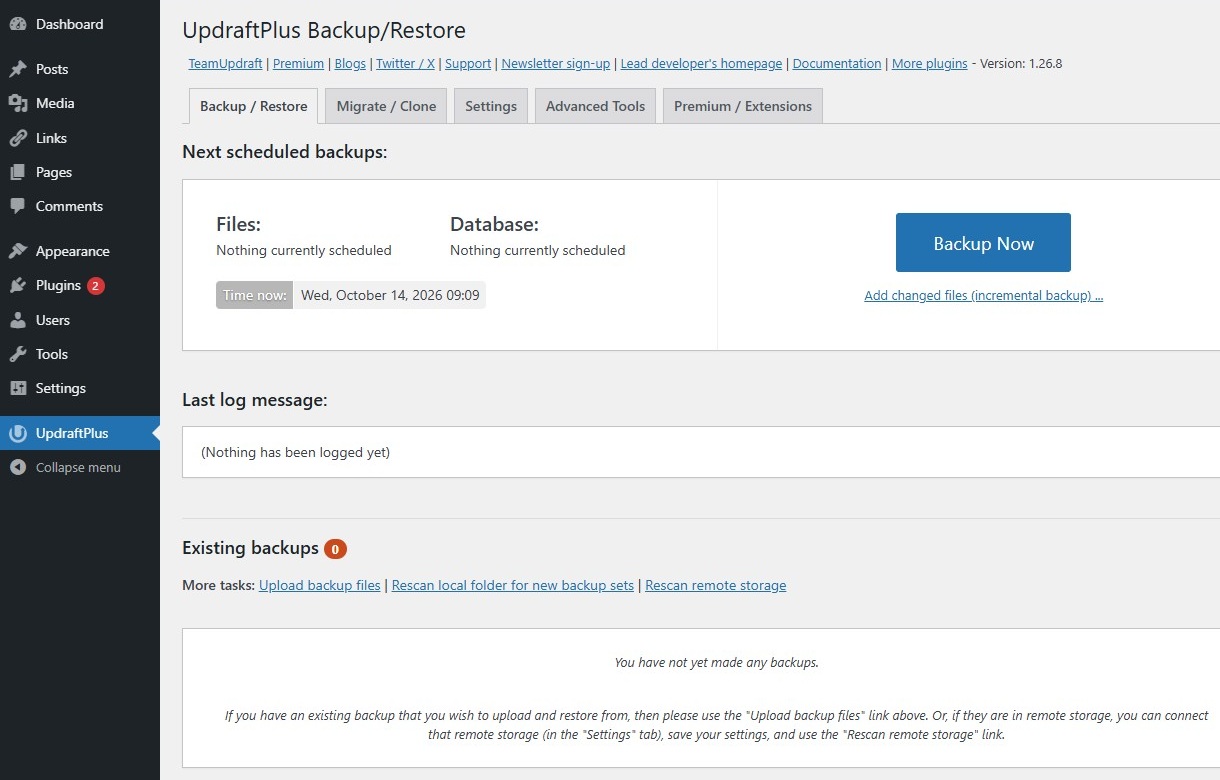 Backup - Updraft screen