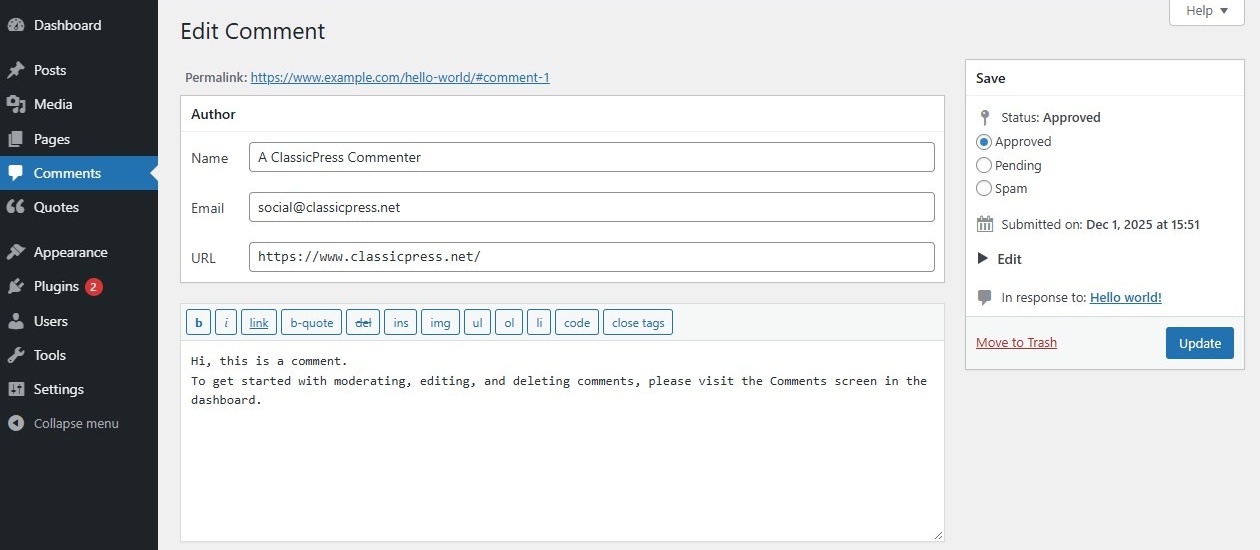 Comments Screen - edit comment