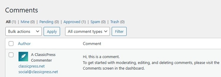 Comments Screen filters