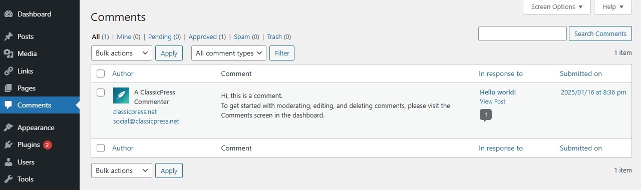 Comments Screen