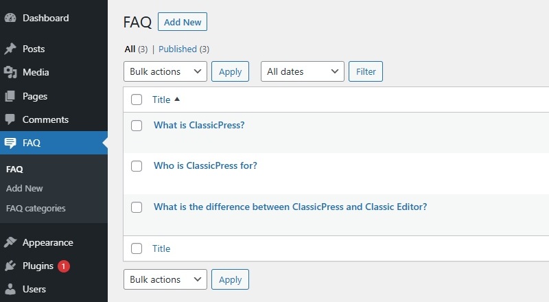 Custom Post Types - FAQ page