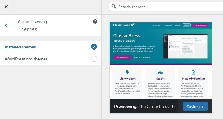Customizer Screen - change theme