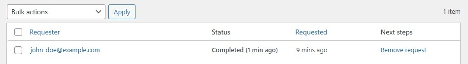 Erase Personal Data screen - completed status