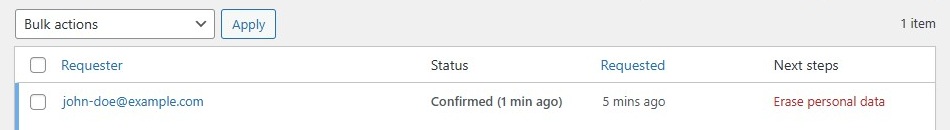 Erase Personal Data screen - confirmed status