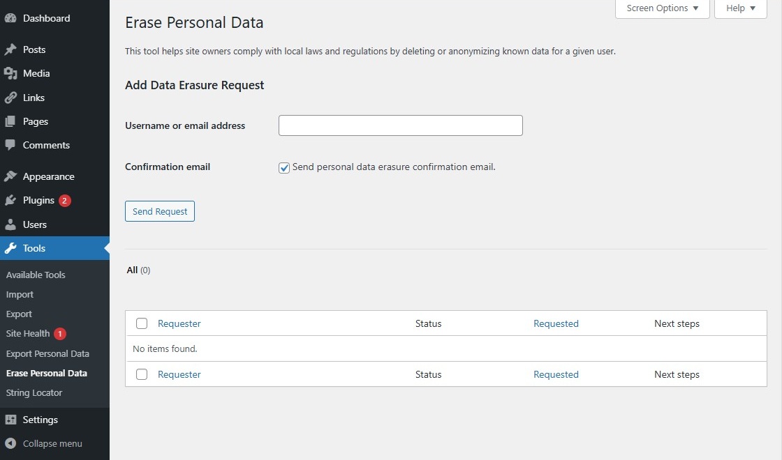 Erase Personal Data screen