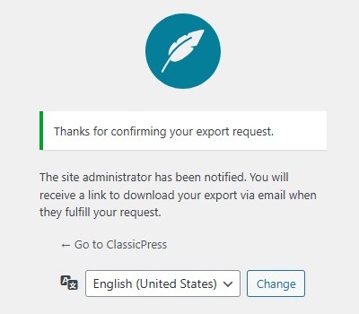 Export Personal Data screen - confirm request